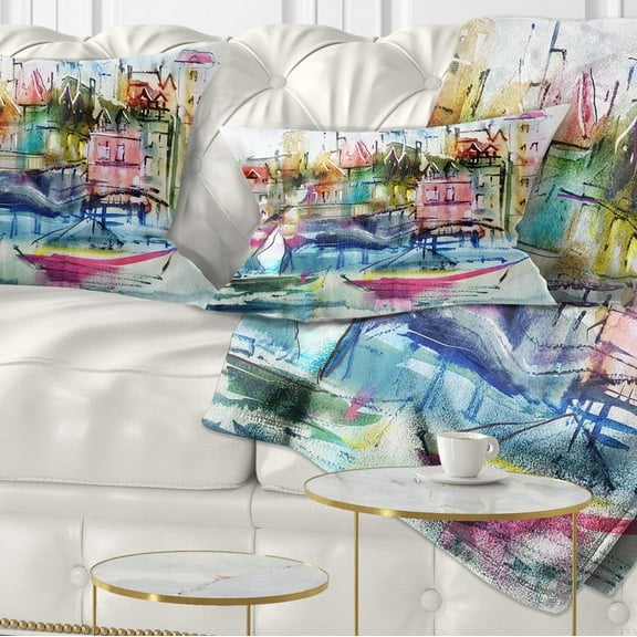 Designart Houses and Boats - Landscape Printed Throw Pillow - 12x20