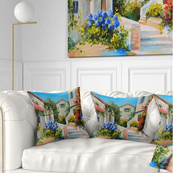 Designart Houses near Sea - Landscape Printed Throw Pillow - 18x18
