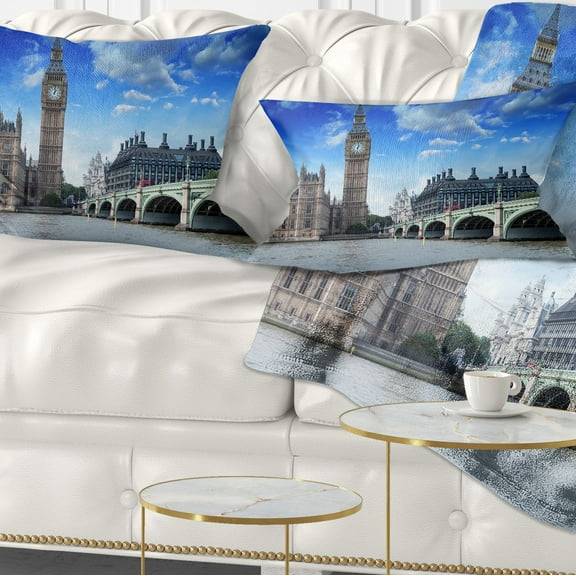 Designart Houses of Parliament and Westminster Bridge - Modern Cityscape Throw Pillow - 12x20