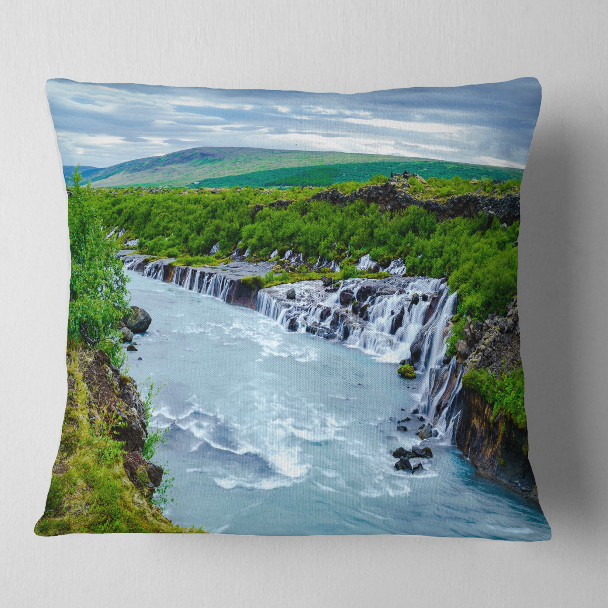 Designart Hraunfossar Waterfall Iceland - Modern Landscape Printed Throw Pillow - 16x16