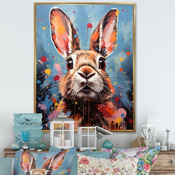 Designart "Hues In Pop Art Portrayal Of A Rabbit" Animals Rabbit Floater Framed Wall Art Living Room