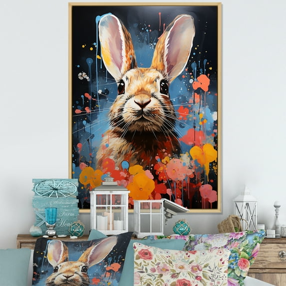 Designart "Hues In Pop Art Portrayal Of A Rabbit I" Animals Rabbit Floater Framed Canvas Wall Art