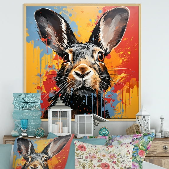 Designart "Hues In Pop Art Portrayal Of A Rabbit II" Animals Rabbit Floater Framed Canvas Prints