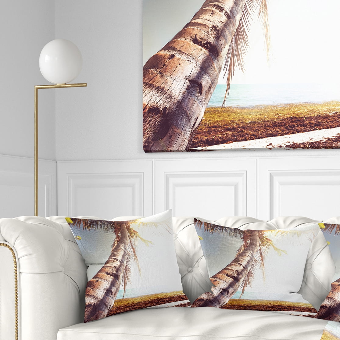 Designart Huge Bent Coconut Tree To Beach - Landscape Wall Throw Pillow - 16x16