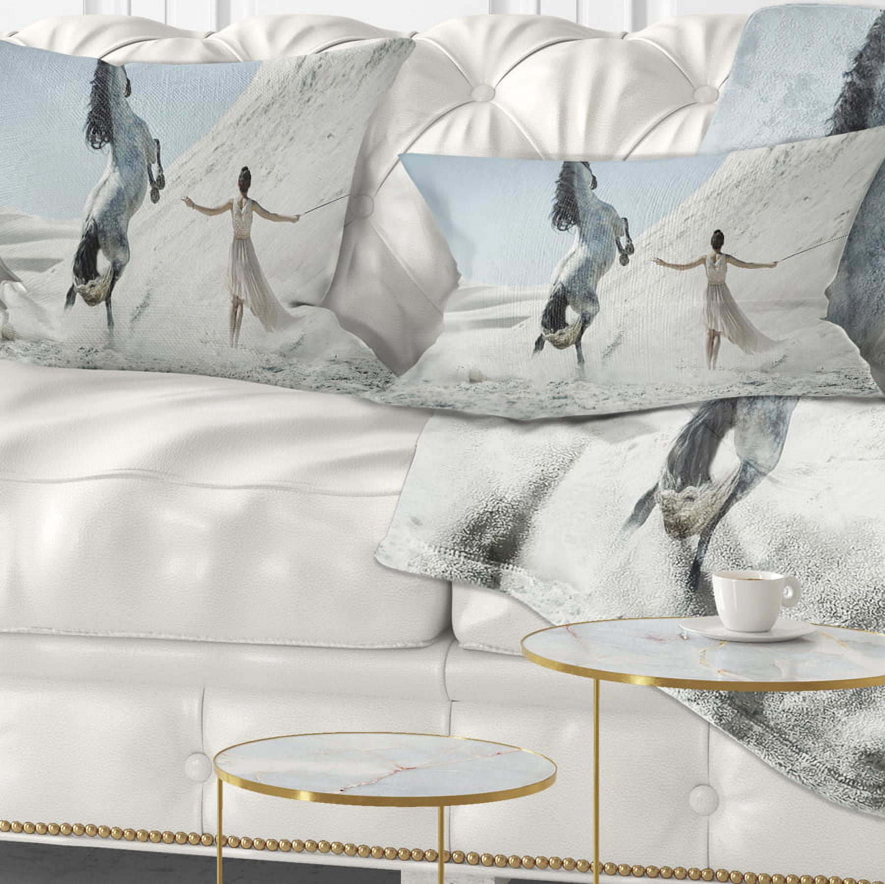Designart Huge Horse and Lady on Desert - Animal Throw Pillow - 12x20