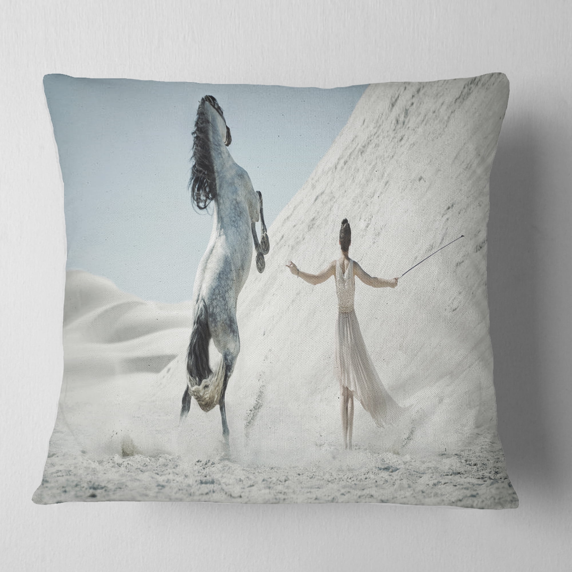 Designart Huge Horse and Lady on Desert - Animal Throw Pillow - 18x18