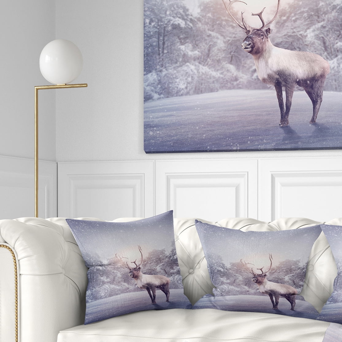 Designart Huge Reindeer Standing in Snow - Animal Throw Pillow - 16x16