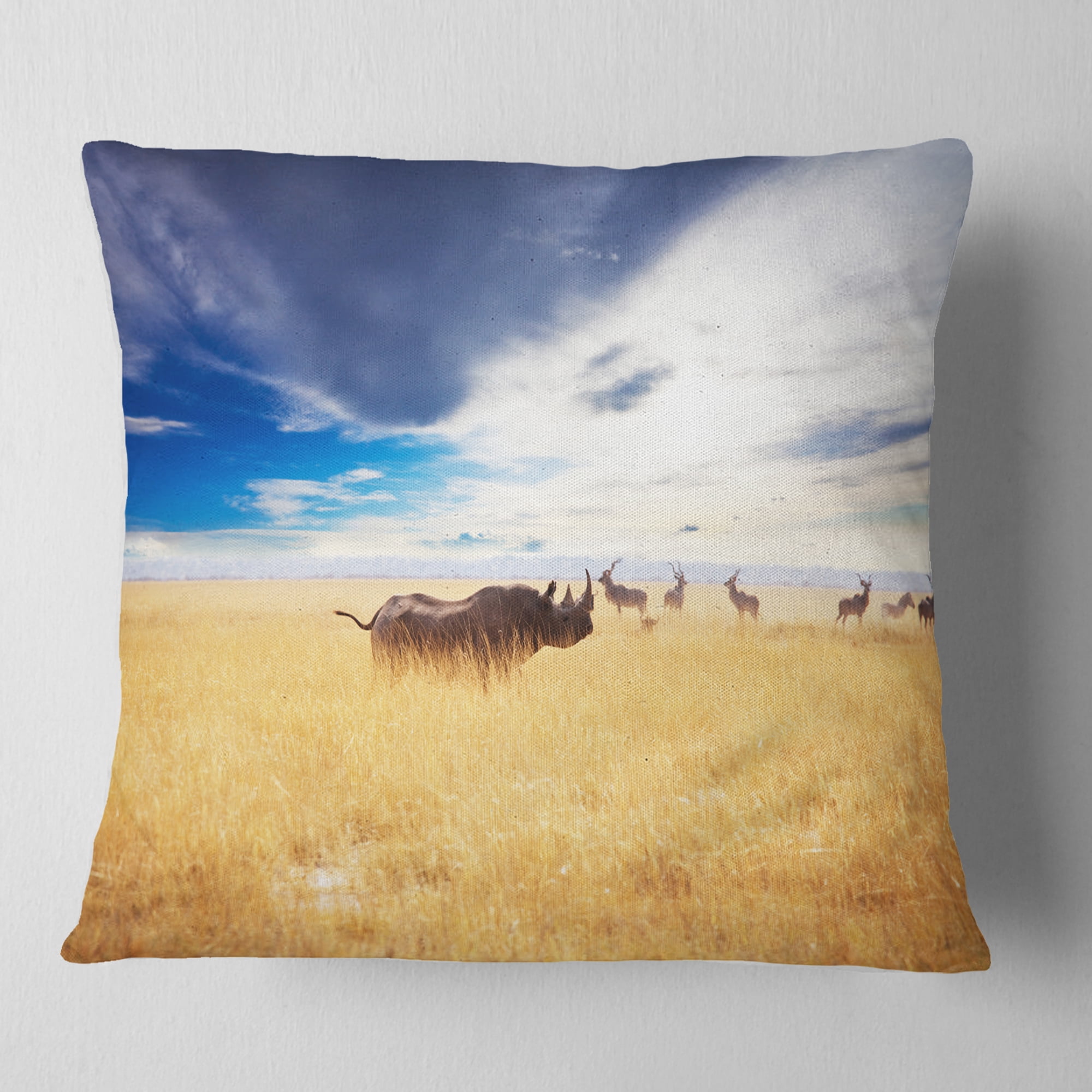 Designart Huge Rhino with Antelopes - Seashore Throw Pillow - 18x18