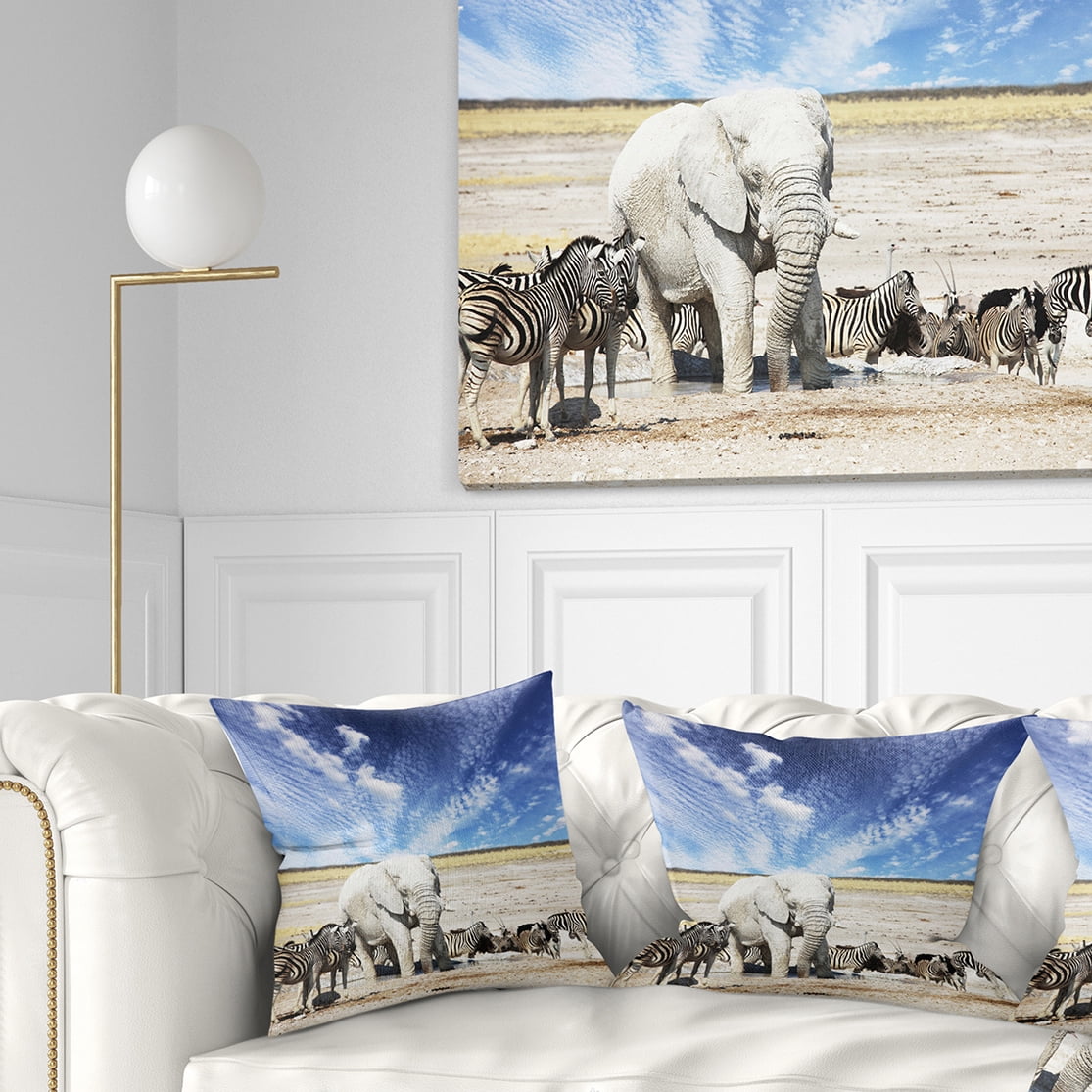 Designart Huge White Elephant and Zebras - Abstract Throw Pillow - 18x18