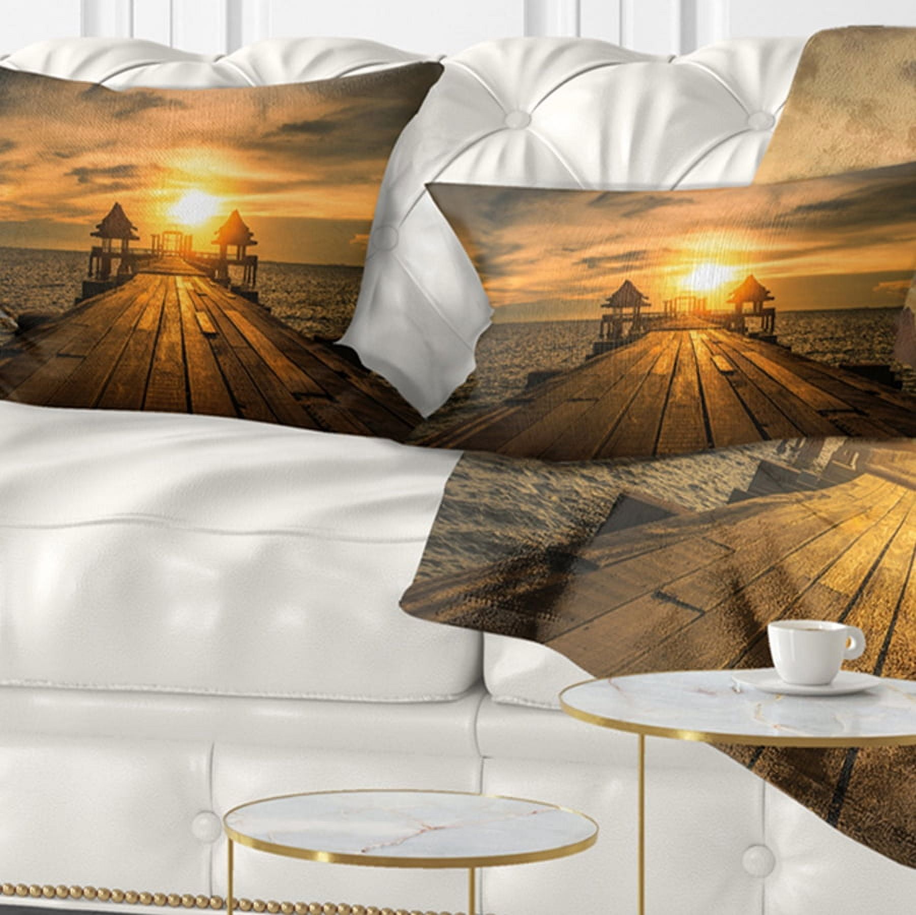 Designart Huge Wooden Bridge to Illuminated Sky - Pier Seascape Throw Pillow - 12x20