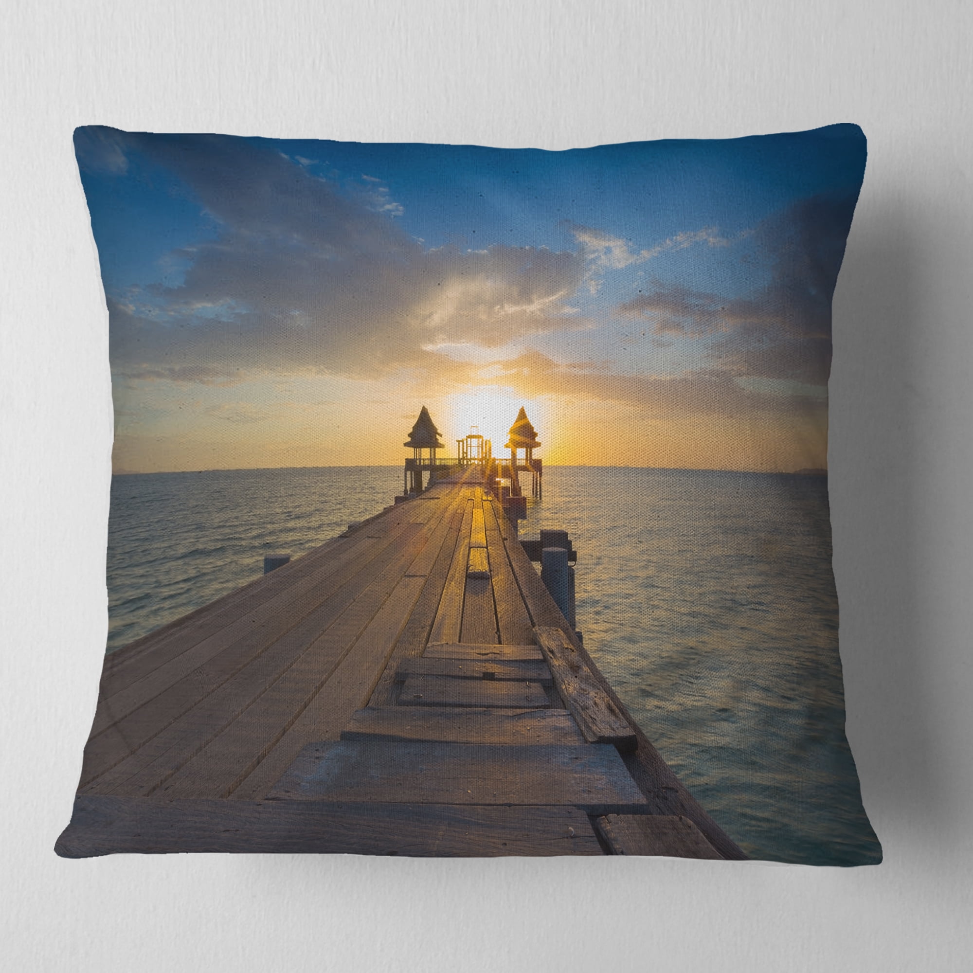 Designart Huge Wooden Pier into Setting Sun - Pier Seascape Throw Pillow - 18x18
