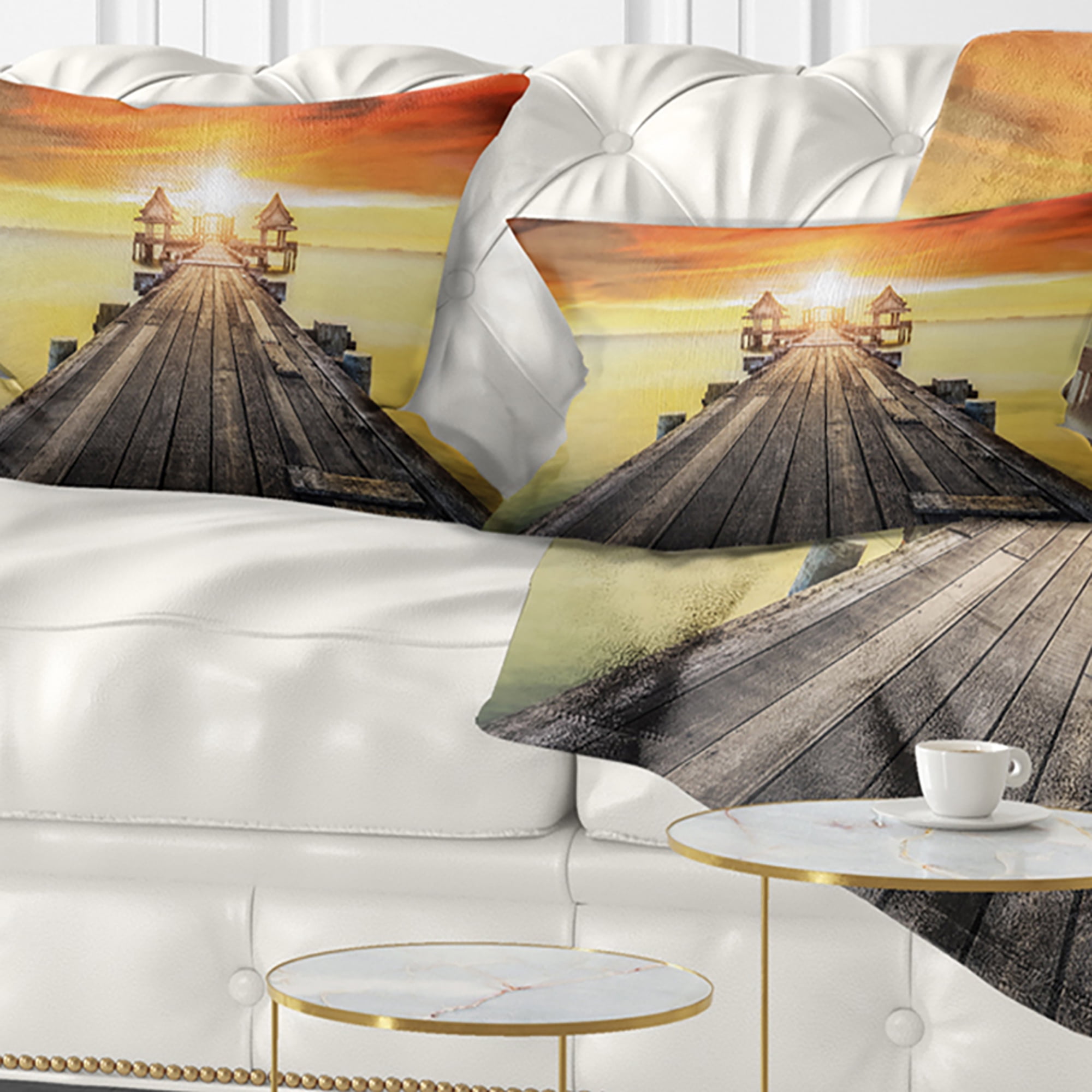 Designart Huge Wooden Pier into Yellow Sun - Pier Seascape Throw Pillow - 12x20