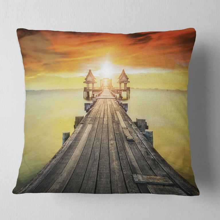 Designart Huge Wooden Pier Into Yellow Sun Pier Seascape Throw Pillow 16x16