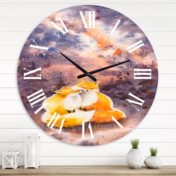 Designart 'Hugging Foxes Over A Night Sky' Children'S Art Wall Clock