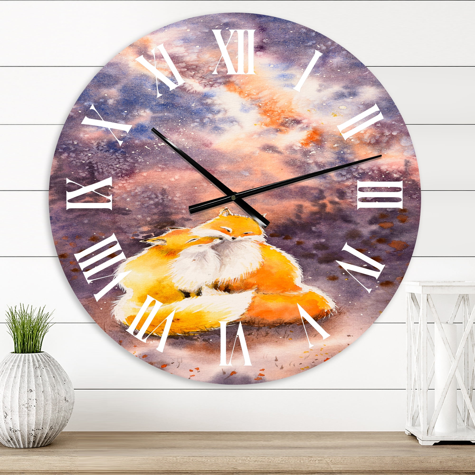 Designart 'Hugging Foxes Over A Night Sky' Children'S Art Wall Clock