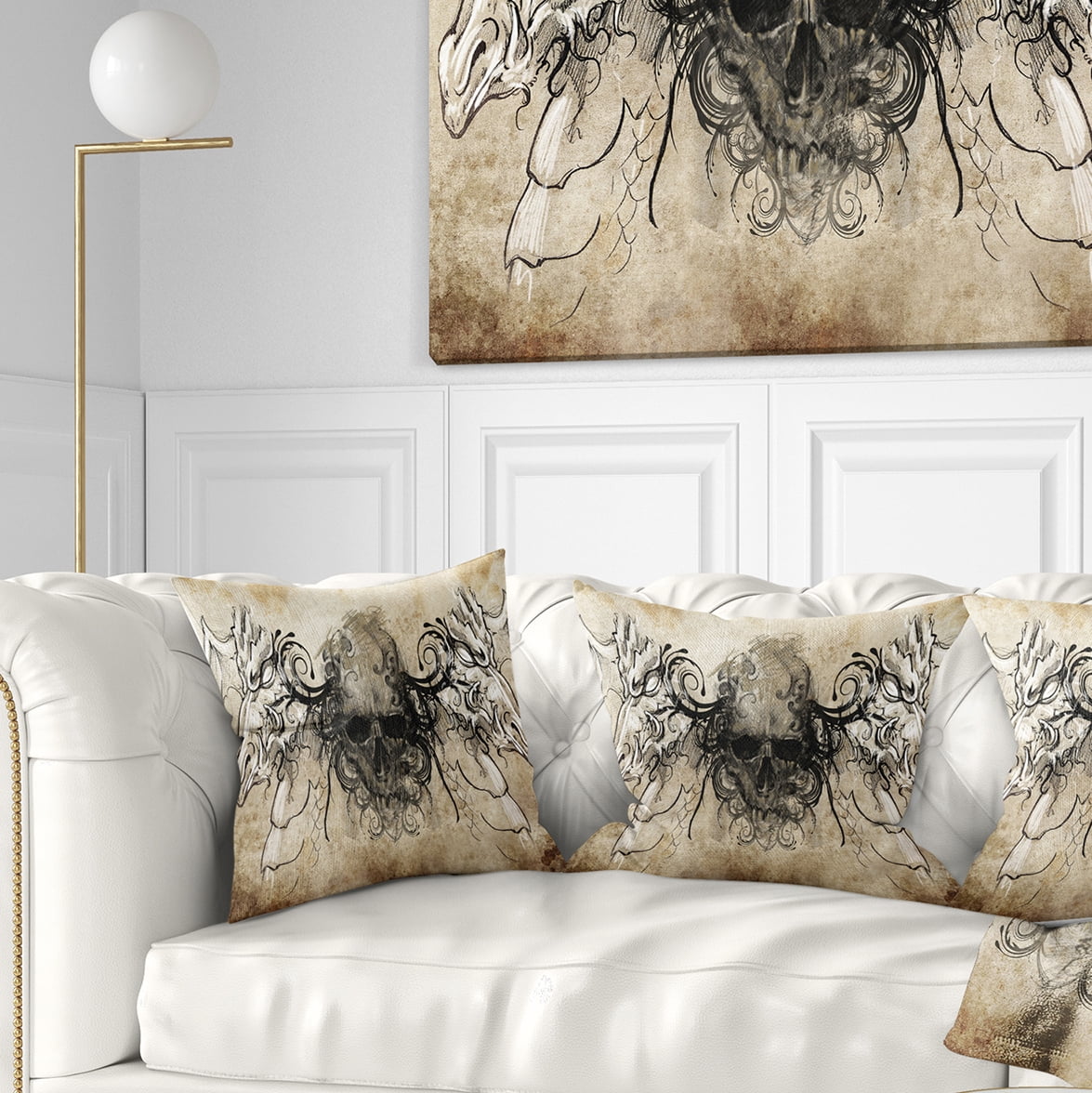 Designart Human Skull Tattoo Sketch - Abstract Throw Pillow - 16x16