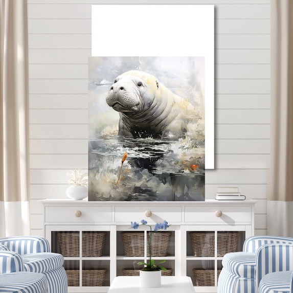 Designart "Humble Grey Manatee I" Manatee Wall Art Living Room