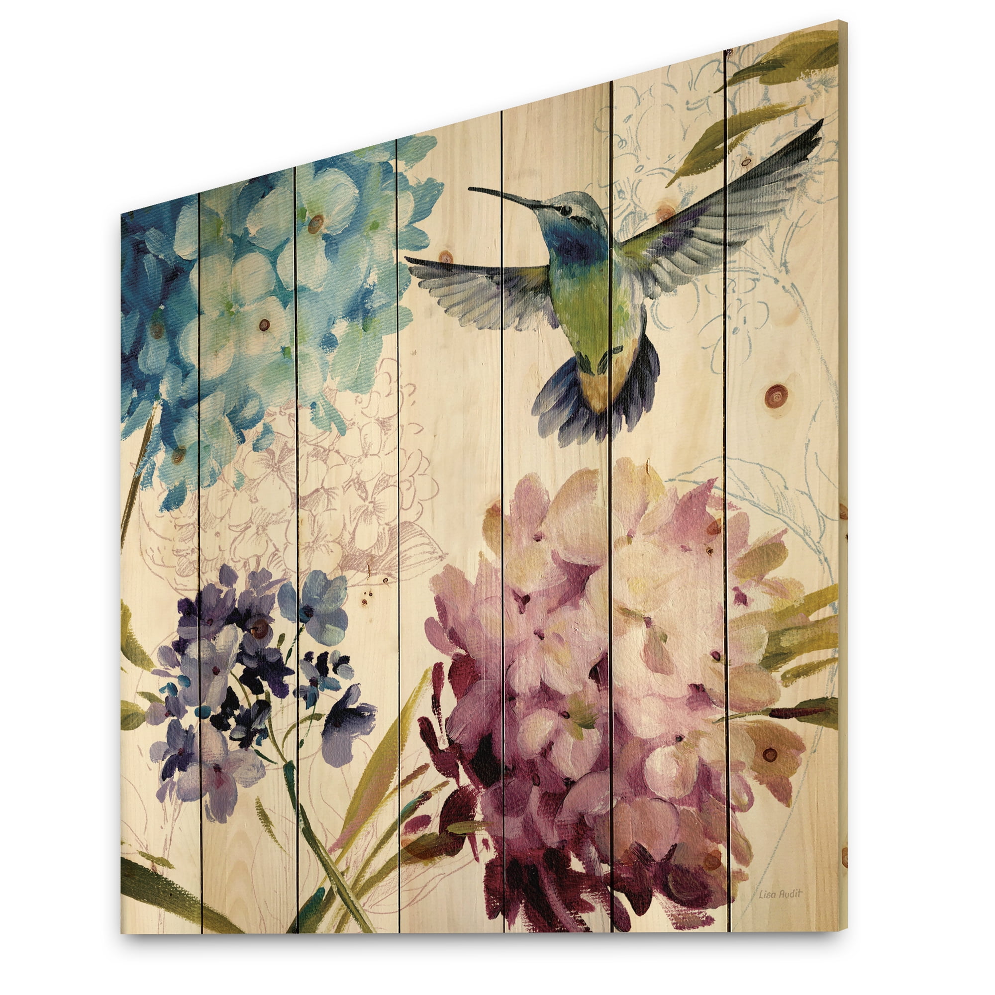 Designart Humming Bird Blue Cottage Flower Farmhouse Print on Natural Pine Wood Art Print, 30" x 30"
