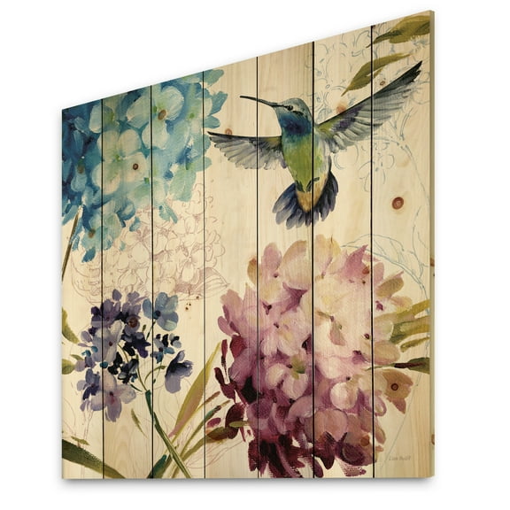 Designart 'Humming Bird With Blue Cottage Flower' Farmhouse Print on Natural Pine Wood