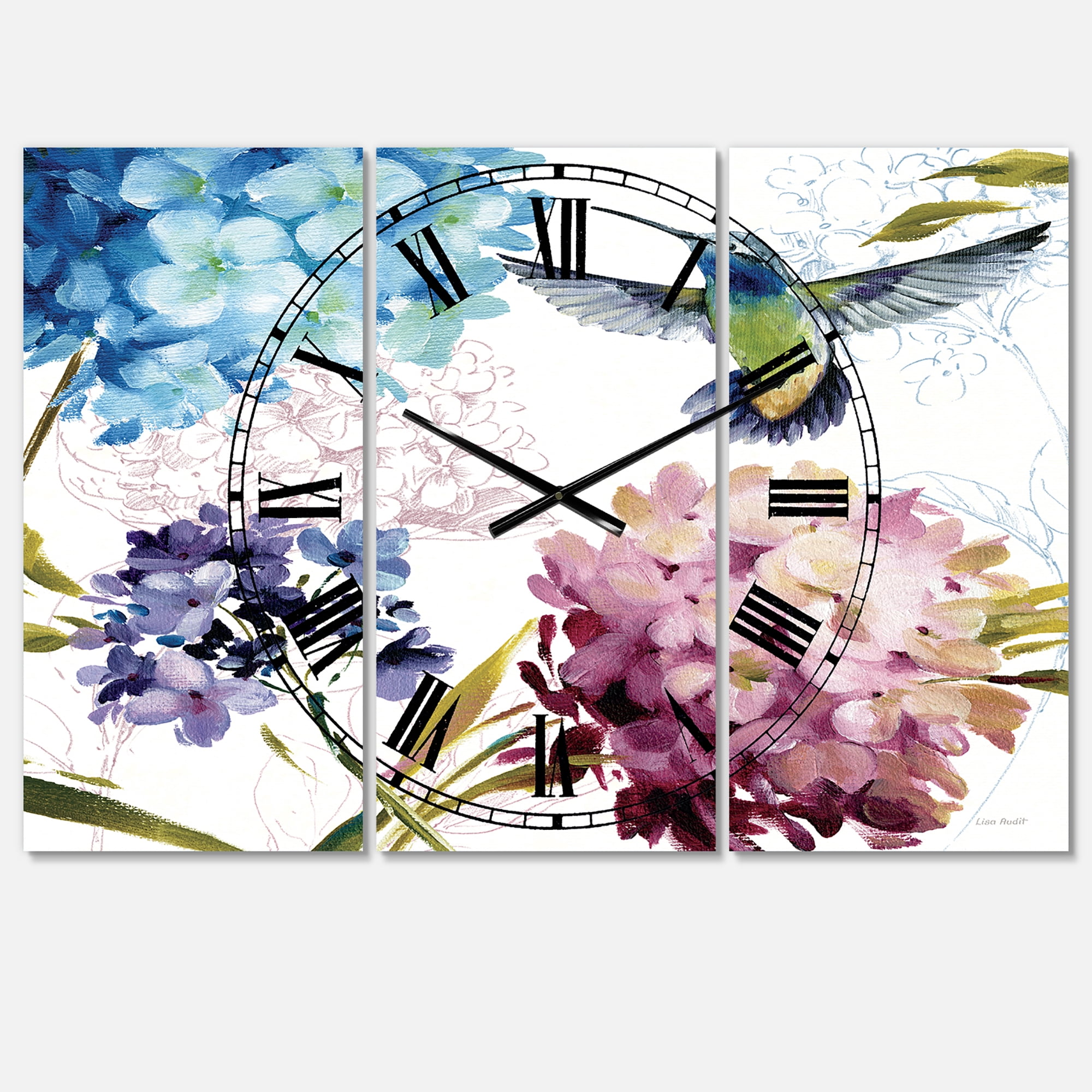 Designart 'Humming bird Blue Cottage Flower' Farmhouse wall clock