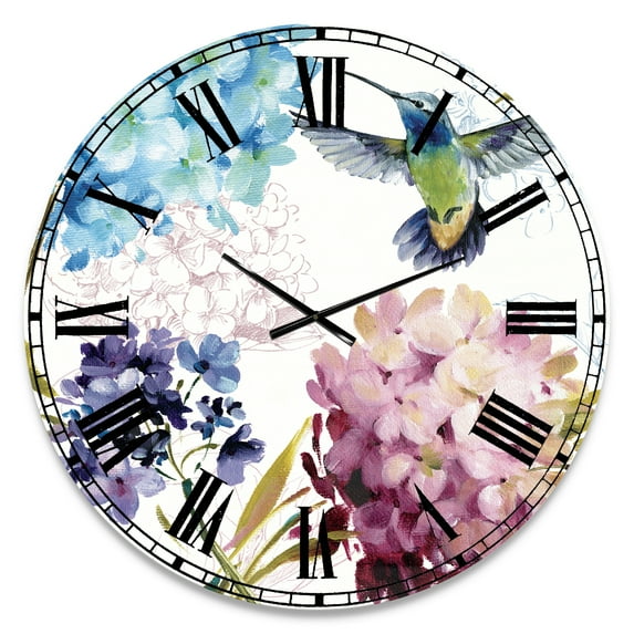 Designart 'Humming bird Blue Cottage Flower' Farmhouse wall clock