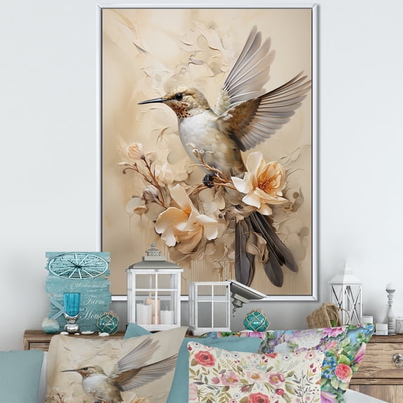 Designart "Hummingbird Amidst Floral Harmony I" Animals Hummingbird Floater Framed Canvas Wall Art