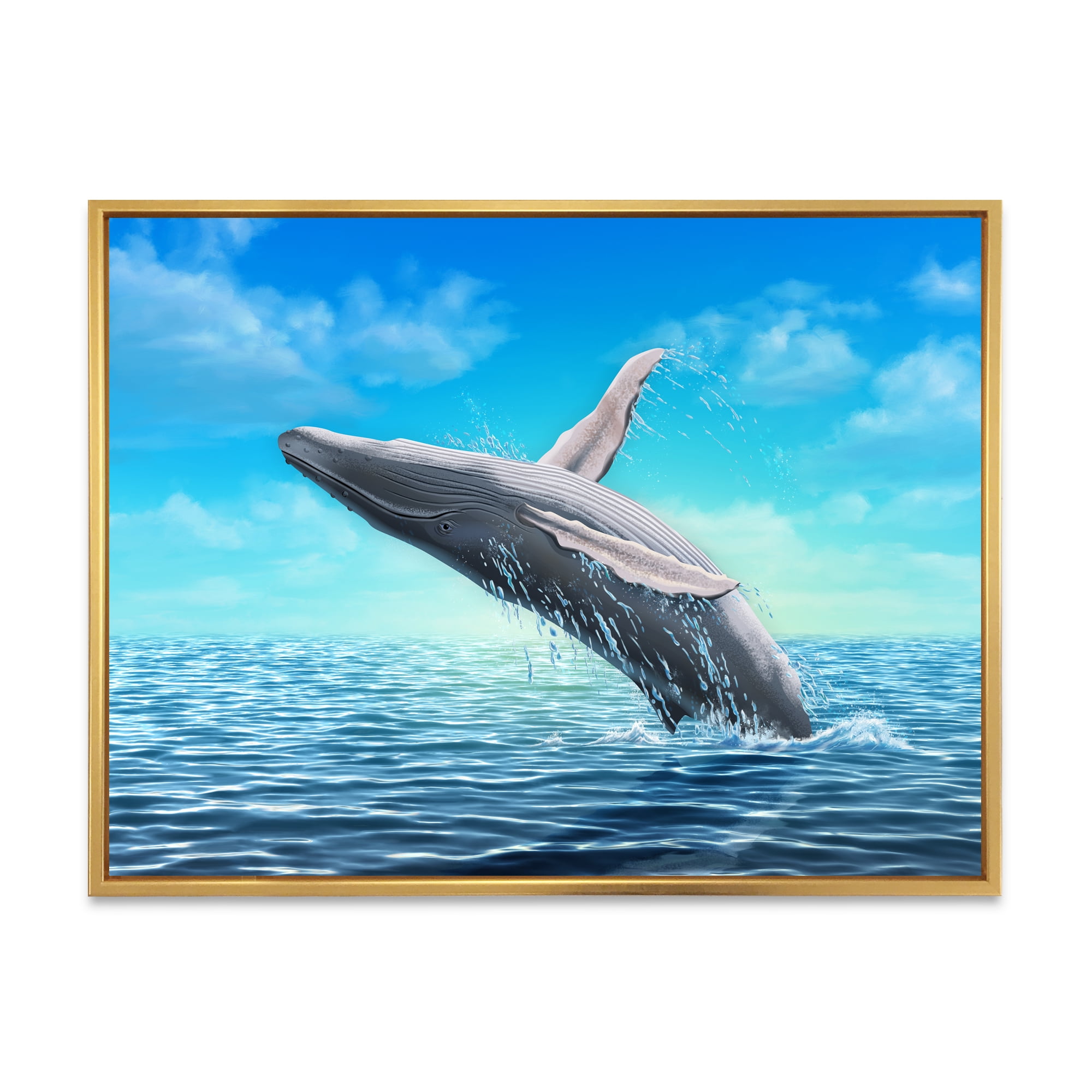 Designart 'Humpback Whale Jumping Out of Sea' Farmhouse Framed Canvas Wall Art Print