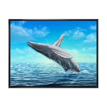 Designart 'Humpback Whale Jumping Out of Sea' Farmhouse Framed Canvas Wall Art Print