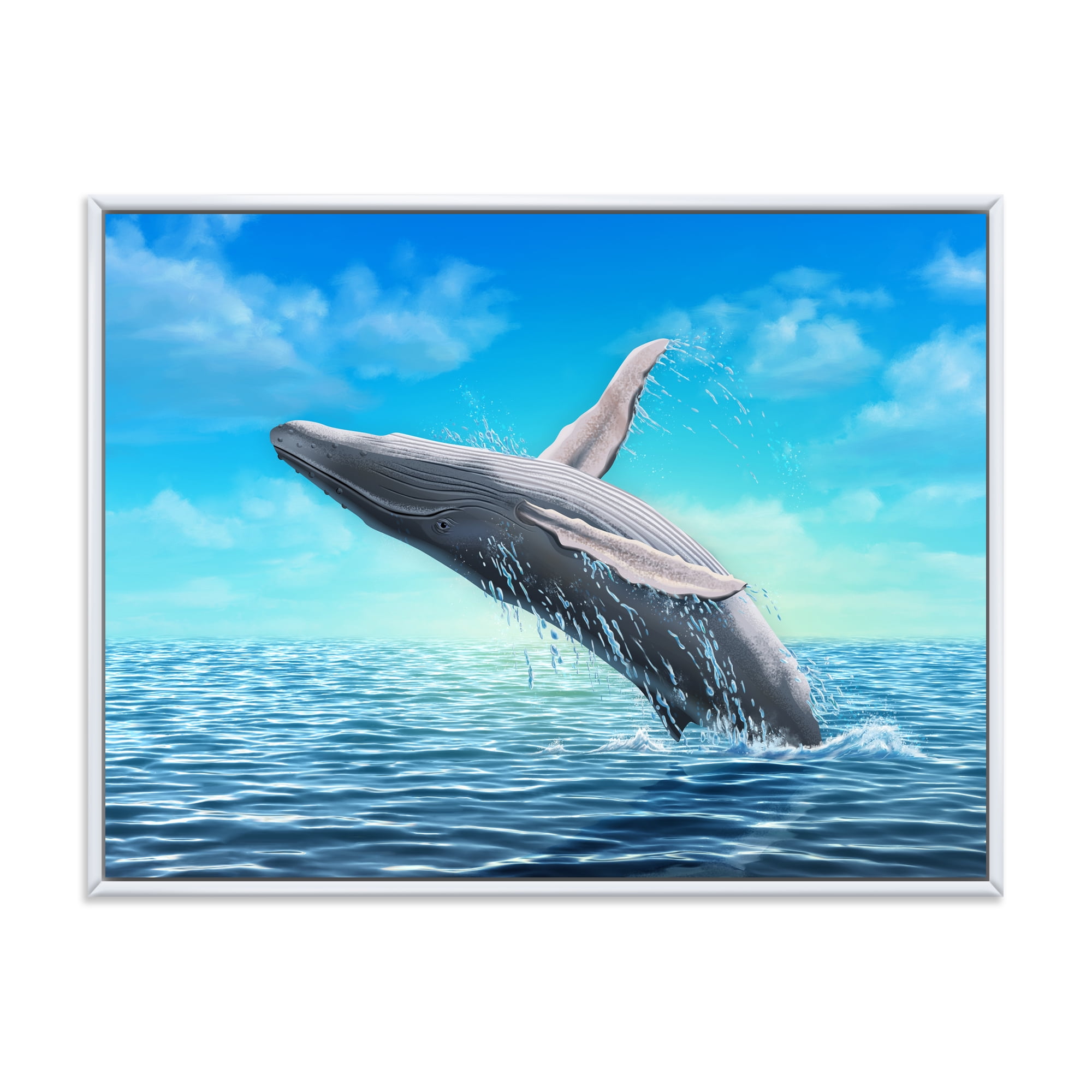 Designart 'Humpback Whale Jumping Out of Sea' Farmhouse Framed Canvas Wall Art Print