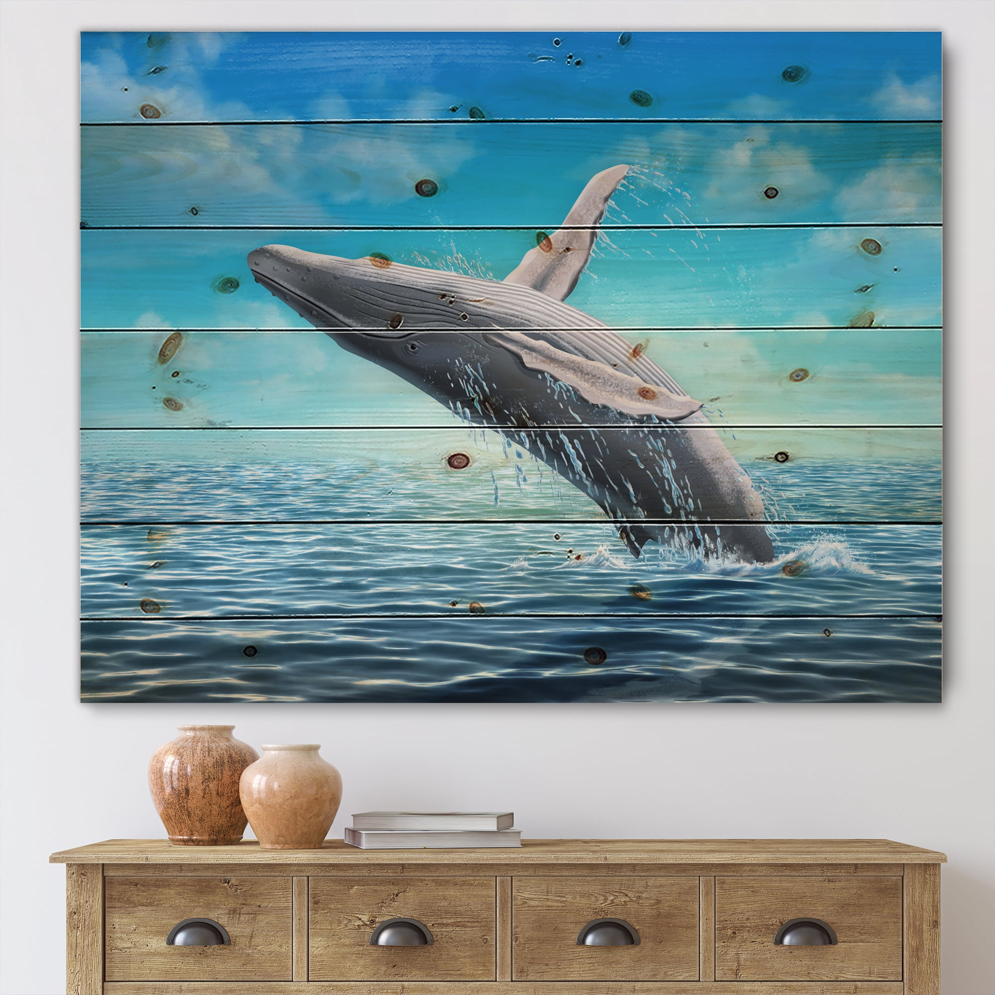 Designart 'Humpback Whale Jumping Out of Sea' Farmhouse Print on Natural Pine Wood