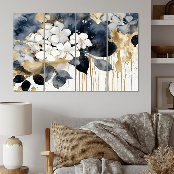 Designart "Hydrangea Blooms Heaven in White and Gold I" Floral Art Living Room Set