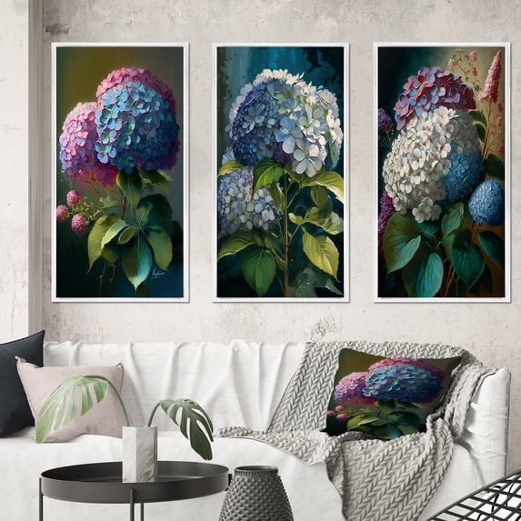Designart "Hydrangea Bouquet Vintage Floral Beauty II" Hydrangea Framed Wall Art Set Of 3 - Pink Traditional Frame Gallery Set For Office Decor
