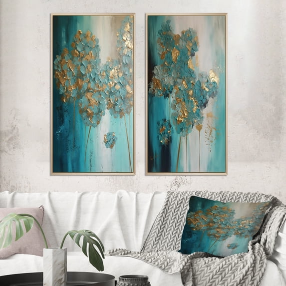 Designart "Hydrangea Flower Blossoming in Retro Teal and Gold I" Hydrangea Framed Wall Art Set Of 2 - Traditional Gold Framed Wall Art Set Of 2