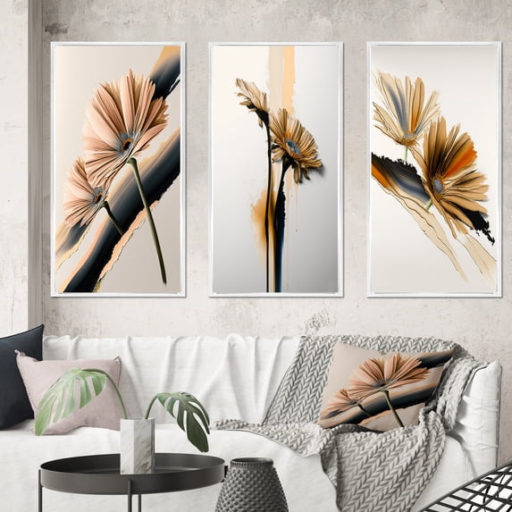 Designart "Hyperrealistic Gerbera Blossoms I" Floral Daisy Framed Wall Art Set Of 3 - White Gerbera Frame Gallery Set For Office Decor