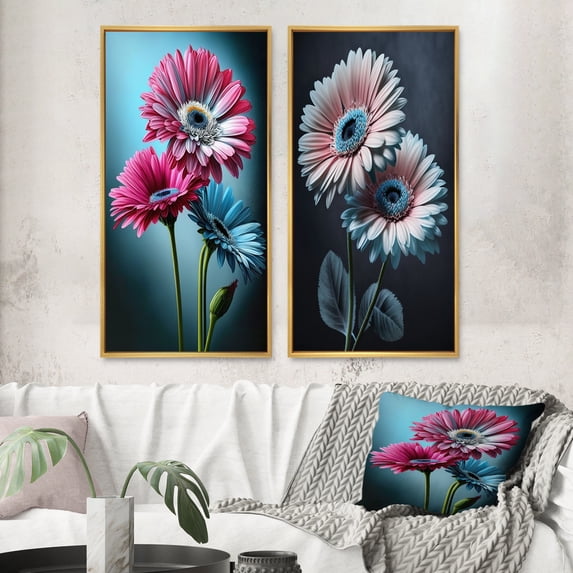 Designart "Hyperrealistic Gerbera Daisies in Pink and Blue I" Gerbera Framed Wall Art Set Of 2 - Pink Floral Framed Wall Art Set Of 2