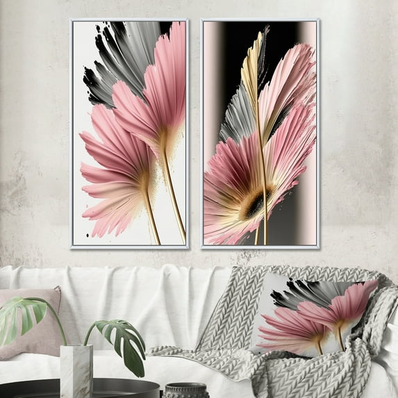 Designart "Hyperrealistic Gerbera Daisy Blooms III" Gerbera Framed Wall Art Set Of 2 - Pink Floral Framed Canvas Set For Living Room Decor