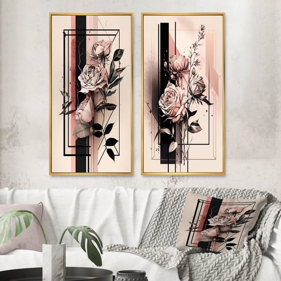 Designart "Hyperrealistic Minimalistic Abstract Roses I" Rose Framed Wall Art Set Of 2 - Beige Floral Framed Canvas Set For Living Room Decor