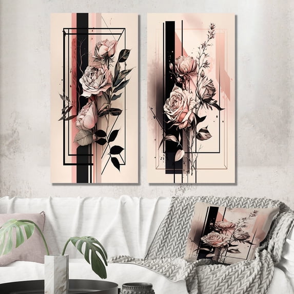 Designart "Hyperrealistic Minimalistic Abstract Roses I" Rose Wall Art Set Of 2 - Beige Floral Canvas Set For Living Room Decor