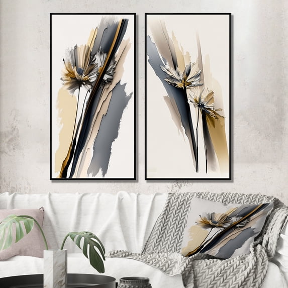 Designart "Hyperrealistic Multicolor Gerbera Daisy Blooms I" Gerbera Framed Wall Art Set Of 2 - Beige Floral Framed Wall Art Set Of 2