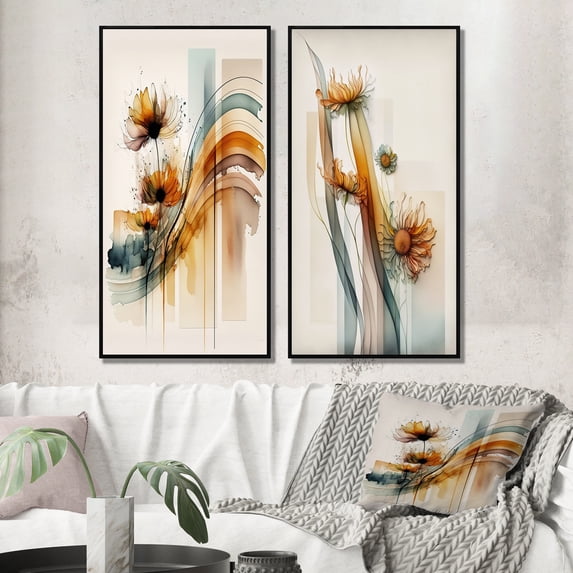 Designart "Hyperrealistic Orange Daisy Blooms II" Daisy Framed Wall Art Set Of 2 - Cream Floral Framed Canvas Set For Living Room Decor