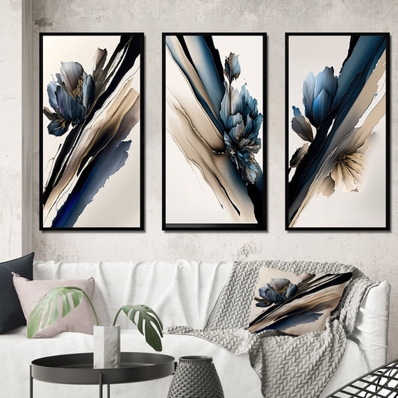 Designart "Hyperrealistic Peony Blossoms I" Floral Peony Framed Wall Art Set Of 3 - White Peonies Frame Canvas Set For Living Room Decor