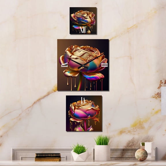 Designart "Hyperrealistic Rainbow Peony with Liquid Gold Drips I" Peonies Oversized Wall Clock - Set Of 3 - Multipanel Modern Clock For Living Room Décor - Large Vertical Clock
