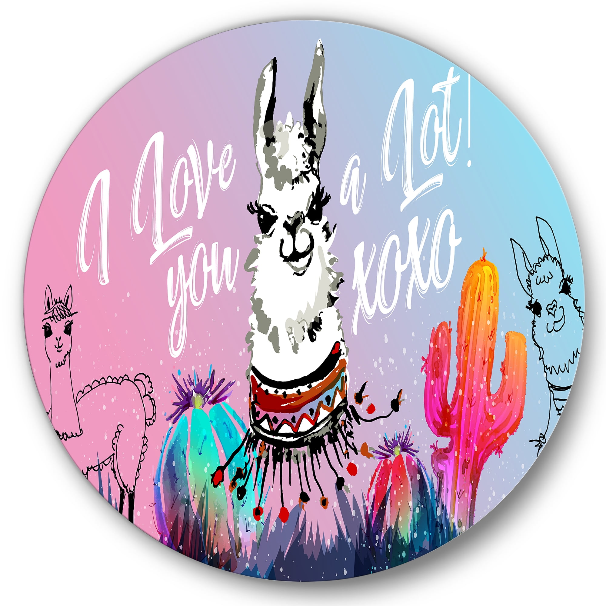Designart 'I Love You A Lot Llama Alpaca Cartoon Portrait' Children's Art Circle Metal Wall Art 29x29 - Disc of 29