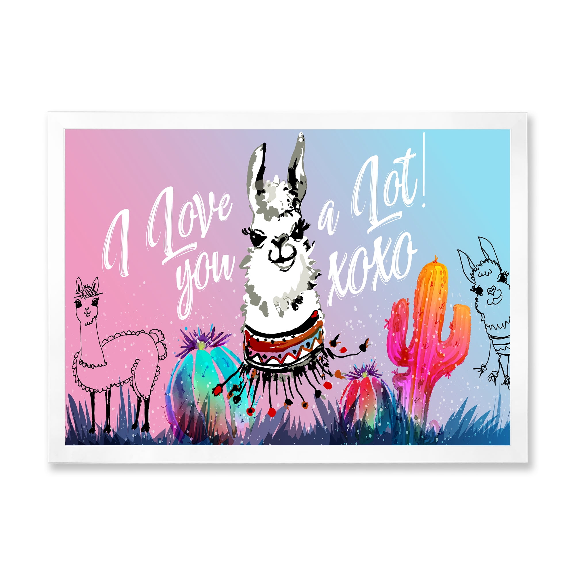 Designart 'I Love You A Lot Llama Alpaca Cartoon Portrait' Children's Art Framed Art Print