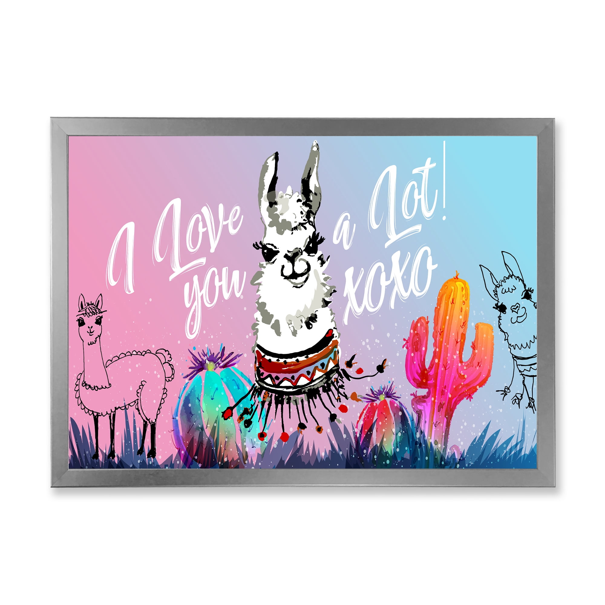 Designart 'I Love You A Lot Llama Alpaca Cartoon Portrait' Children's Art Framed Art Print