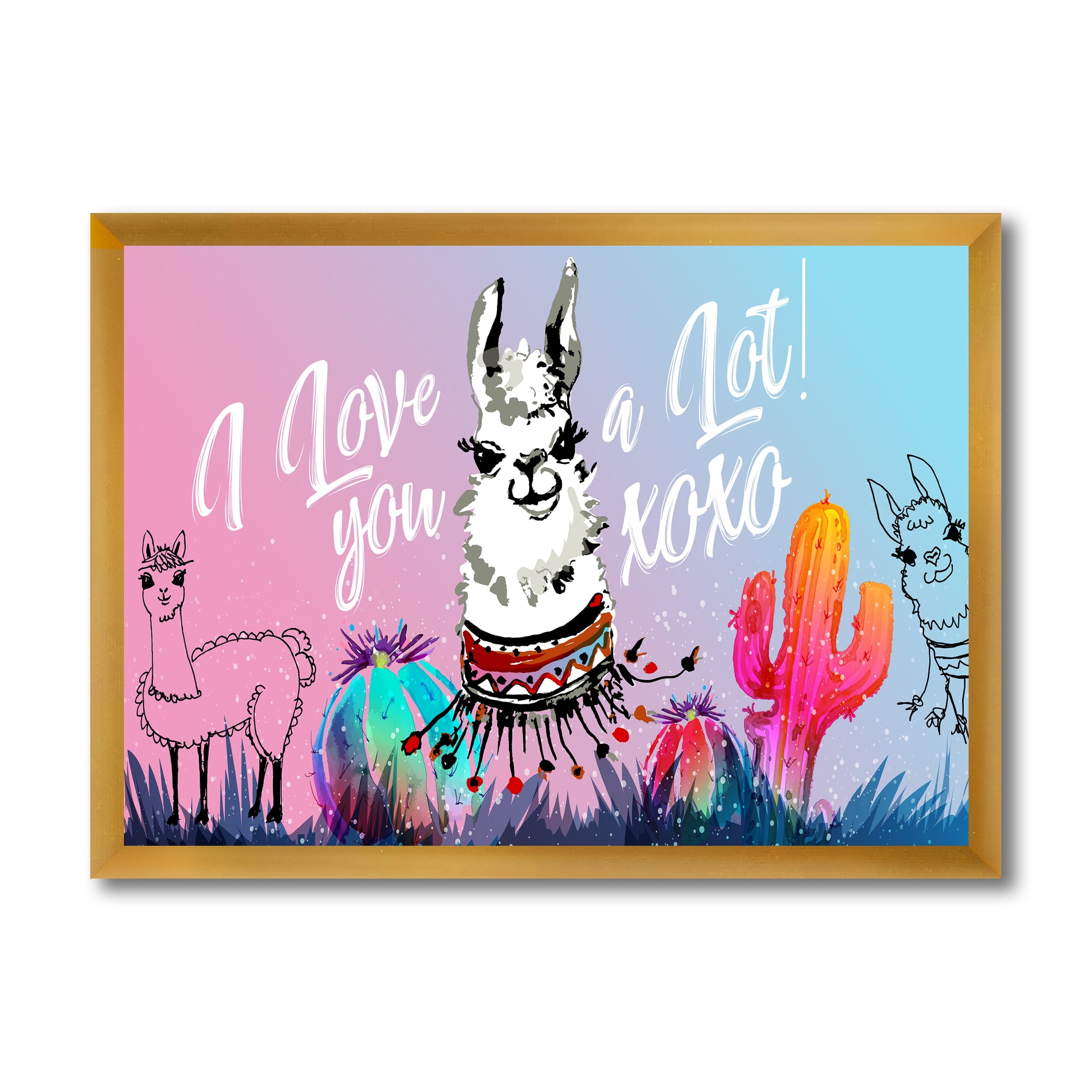 Designart 'I Love You A Lot Llama Alpaca Cartoon Portrait' Children's Art Framed Art Print