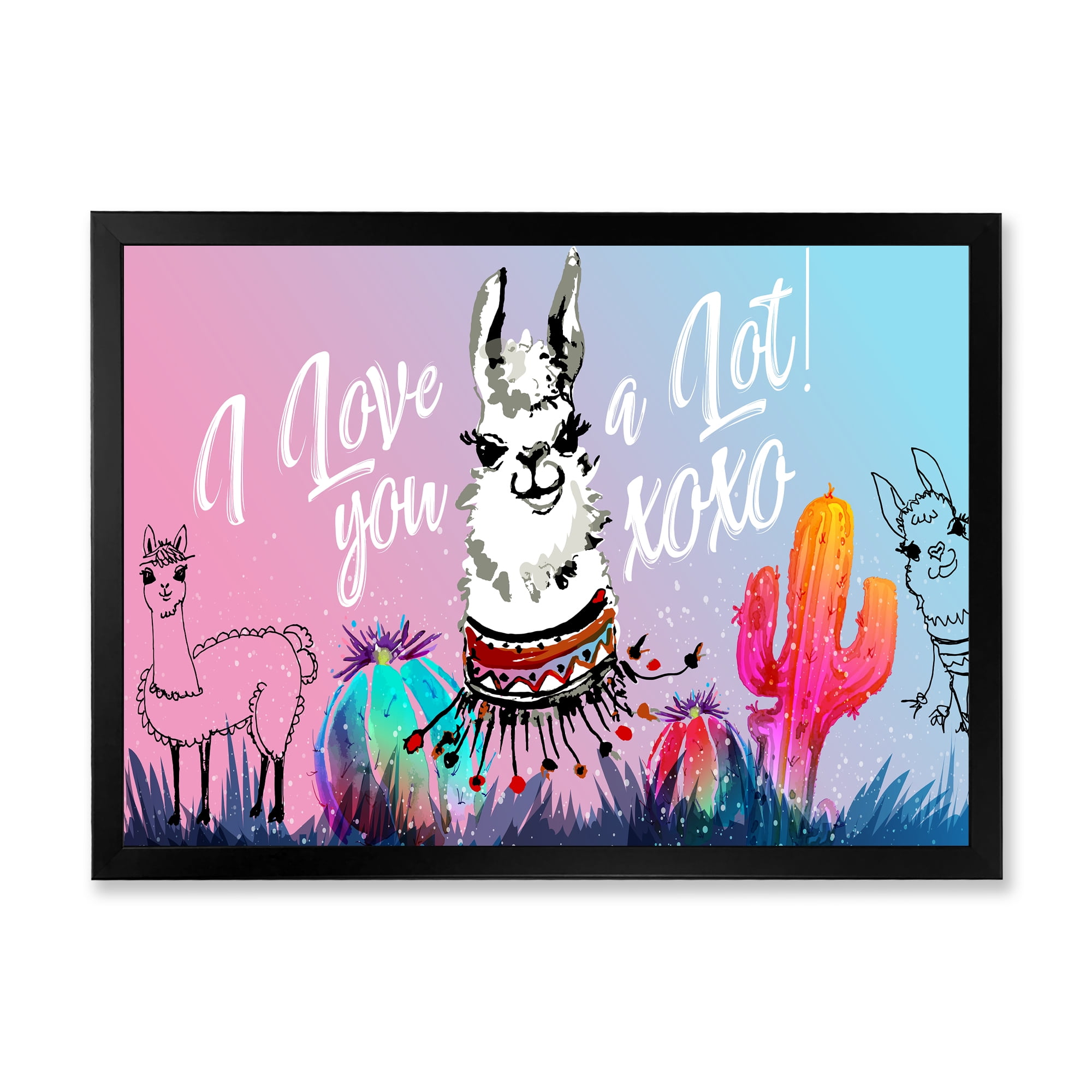 Designart 'I Love You A Lot Llama Alpaca Cartoon Portrait' Children's Art Framed Art Print
