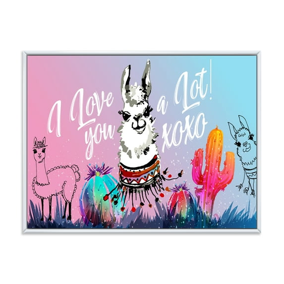 Designart 'I Love You A Lot Llama Alpaca Cartoon Portrait' Children's Art Framed Canvas Wall Art Print
