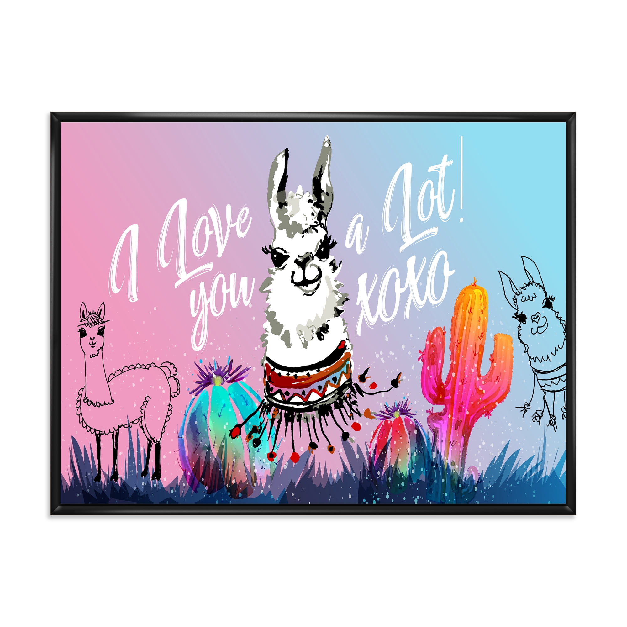 Designart 'I Love You A Lot Llama Alpaca Cartoon Portrait' Children's Art Framed Canvas Wall Art Print