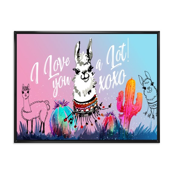 Designart 'I Love You A Lot Llama Alpaca Cartoon Portrait' Children's Art Framed Canvas Wall Art Print